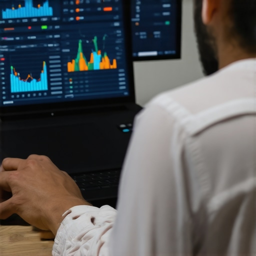 Efficient Bookkeeping in Action Person managing digital bookkeeping tools with graphs and spreadsheets on screen