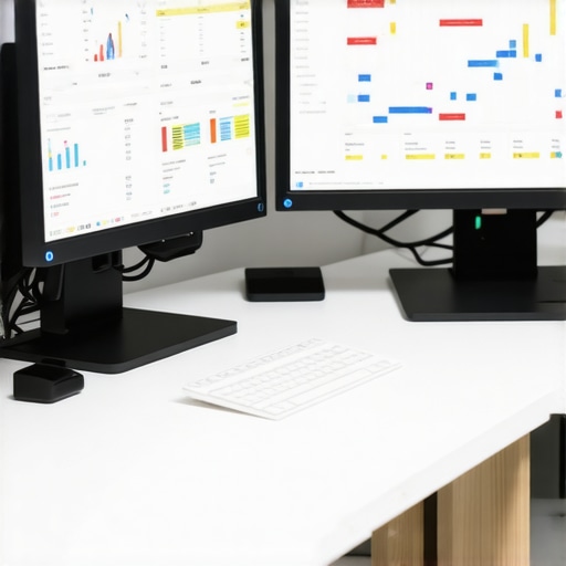 Modern Accountant's Workspace A professional accountant working on dual monitors with financial dashboards displayed.