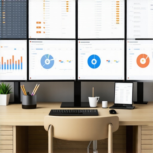 Modern Financial Management Workspace A desk with computers showing accounting dashboards and automation software for bookkeeping and CPA services.