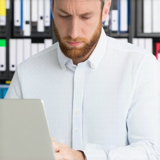 Business owner reviewing digital contractor records on laptop