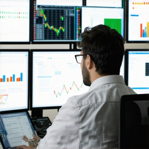 Accountant managing bookkeeping and payroll software with multiple screens showing data analytics and error logs