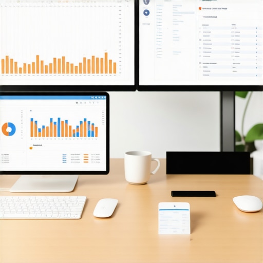 Seamless Bookkeeping Desk Setup A workspace with multiple monitors displaying accounting software and bank feeds, illustrating efficient financial management.