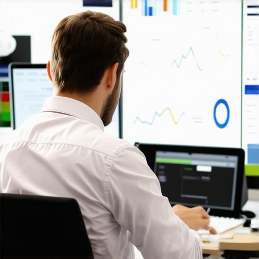 Accountant monitoring financial data across multiple software platforms on a computer screen.