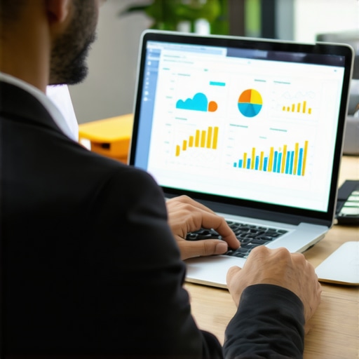 Accountant working with advanced cloud-based bookkeeping and reconciliation tools on a laptop.