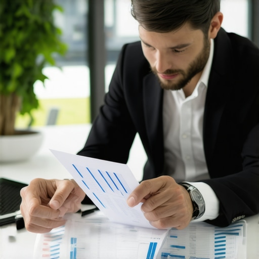 Business owner analyzing expense data on a digital dashboard in an office