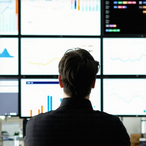 Streamlined Financial Management Person analyzing digital financial dashboards on multiple monitors in a modern office