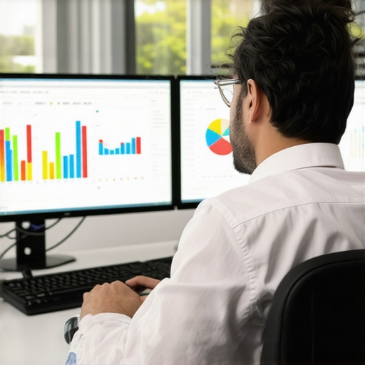 Streamlined Financial Monitoring Accountant analyzing financial data on computer screens for business maintenance.