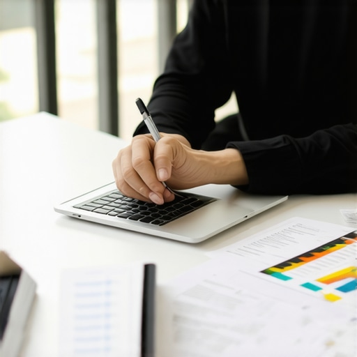 A person analyzing financial documents on a laptop with bank statements.
