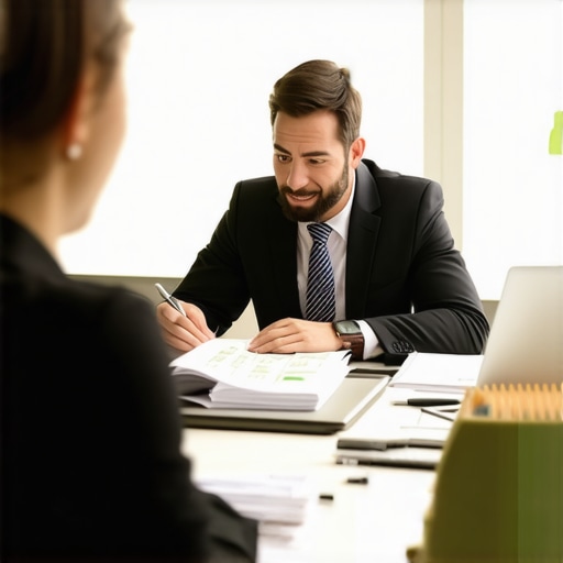 Business owner and CPA discussing financial records and digital bookkeeping tools in an office setting