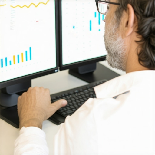 Person analyzing financial data on computer screen with charts and audit reports.