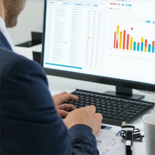 Accountant analyzing financial data on a screen.