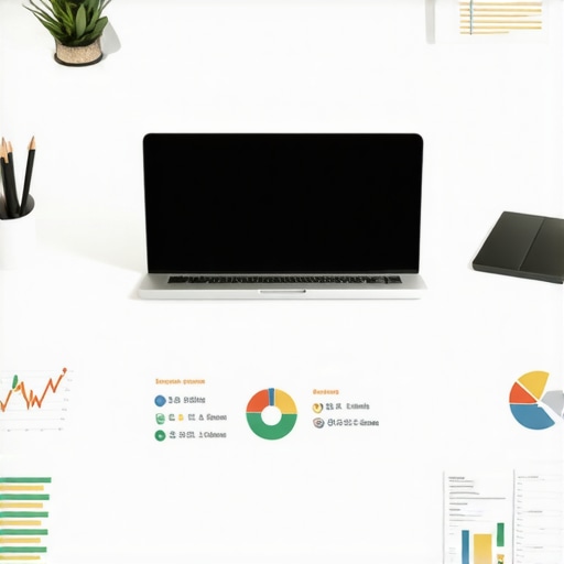 Digital bookkeeping setup with finance tools Laptop displaying financial software surrounded by charts and receipts
