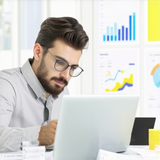 Business owner analyzing detailed financial reports on laptop with charts and receipts.