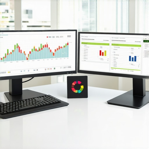 A tidy desk with computers showing accounting software and financial dashboards.