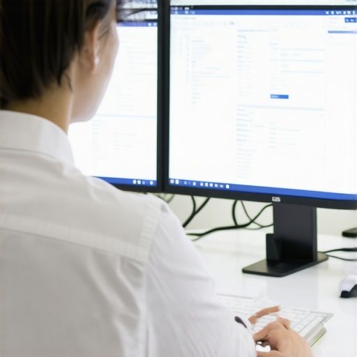 Efficient Bookkeeping Setup with Modern Tools A professional accountant managing bookkeeping data on dual screens with modern software