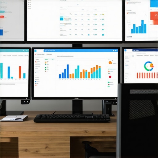 Computer monitors showing accounting dashboards with charts and graphs.