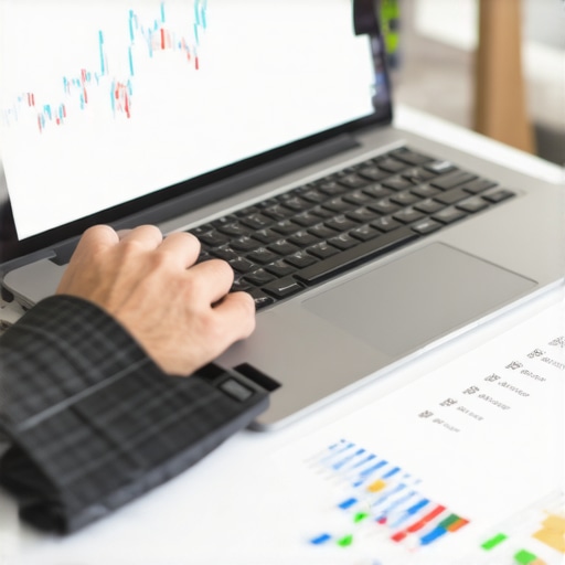 Business owner managing bookkeeping with a laptop and financial charts.