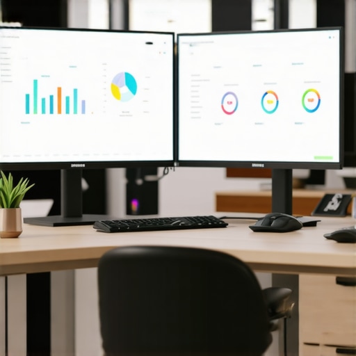 Efficient Bookkeeping Workspace Setup Modern office workspace with accounting software on dual monitors and automation tools