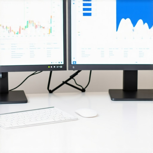 A professional office setup showing dual monitors with financial dashboards and spreadsheets