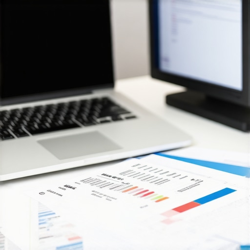Efficient Financial Management Tools Laptop with accounting software and financial documents on a desk.
