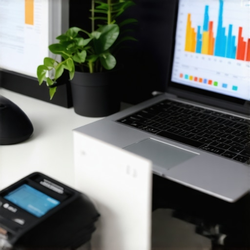 A workspace showcasing financial management tools like laptop with accounting software, charts, and digital receipt scanners