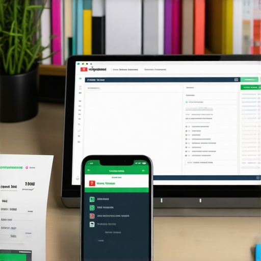 A workspace featuring computer and mobile devices with financial software and documents.