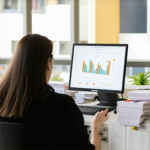 Efficient Financial Management with Modern Tools A professional managing bookkeeping and payroll using digital software and organized receipts.