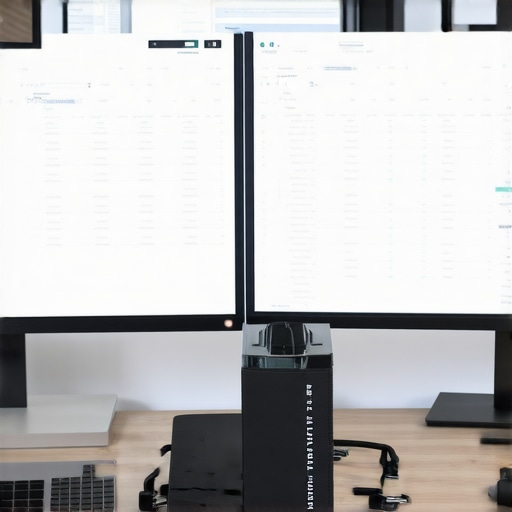 Efficient Home Office with Accounting Software A workspace featuring dual monitors with accounting dashboards open, illustrating organized bookkeeping tools.