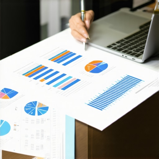 Accountant analyzing balance sheets and income statements in an office setting.