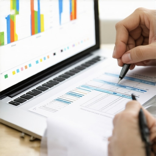 Accountant analyzing deferred revenue schedules on a laptop.