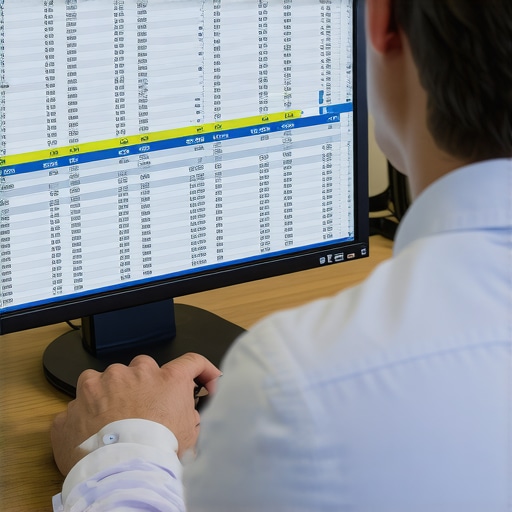 Accountant analyzing financial records on a computer screen with duplicate entries