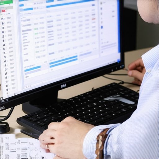 Financial review with digital spreadsheets Accountant analyzing financial data on a computer screen.