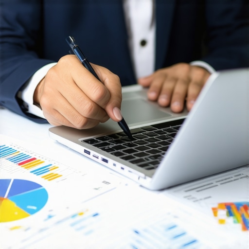 Accountant analyzing international contractor files on a laptop with financial graphs.