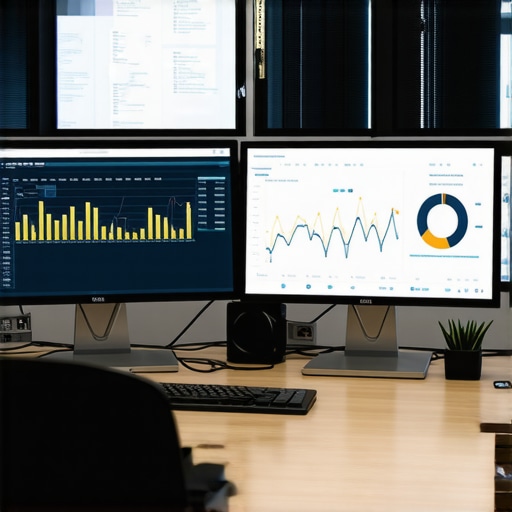 A workspace with computers displaying financial management and security software.