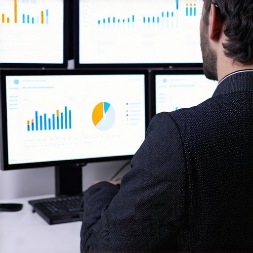 Modern Bookkeeping Setup with Cloud Software Accountant working on cloud accounting software with multiple monitors displaying financial data