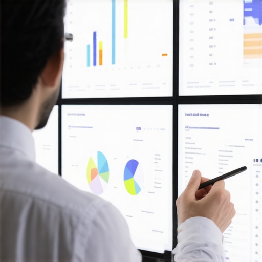 Modern Bookkeeping Tools in Action Accountant using multiple screens with financial software for bookkeeping and payroll management.