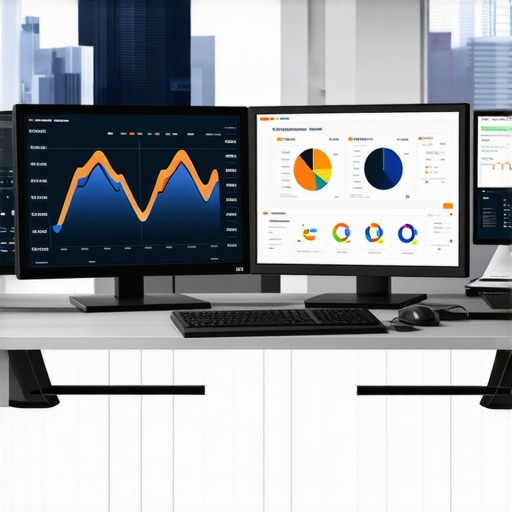 A workspace showing advanced accounting software and financial dashboards on multiple screens, highlighting tools for maintenance and management.