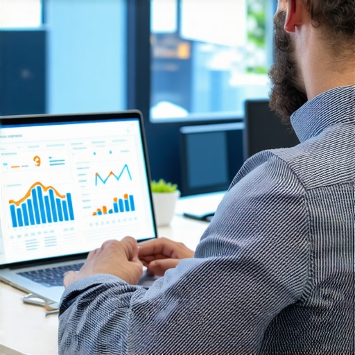 Modern Financial Automation for Small Business Accountant working with cloud-based bookkeeping software on a laptop in a contemporary office environment.