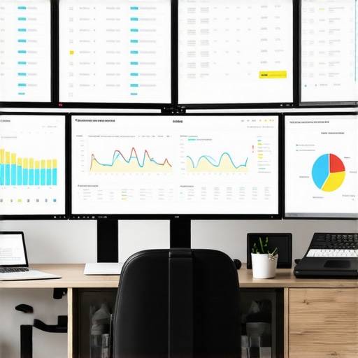 Modern Financial Management Tools in Action Workspace with accounting software on screens showcasing financial dashboards.