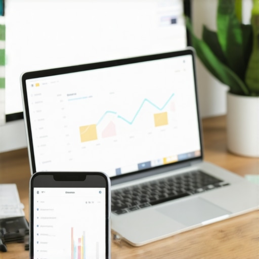 Desk setup with financial and payroll software on screens showing smooth integration.