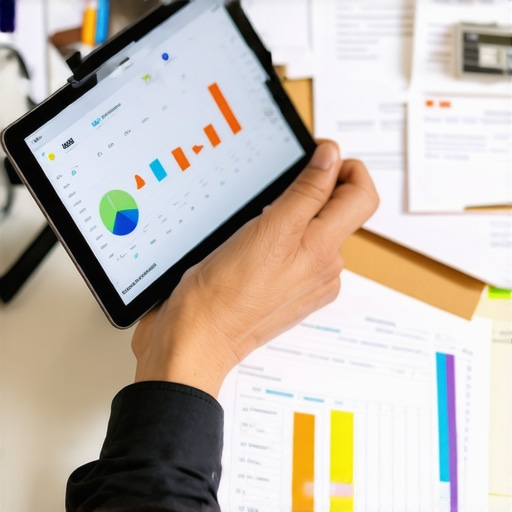 Accountant working with digital accounting software and receipts on a desk.