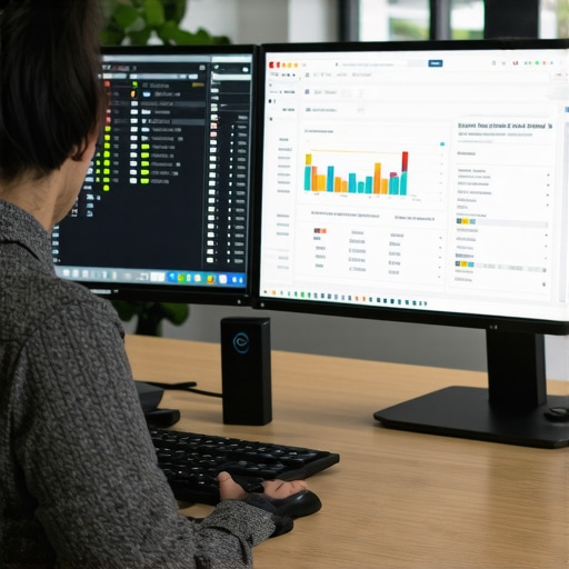Person working on computer with accounting software on dual screens