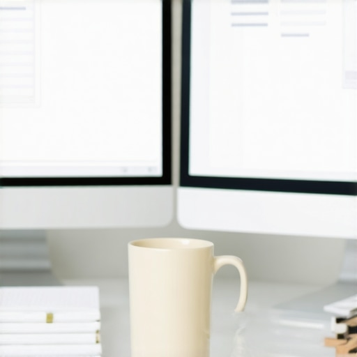Organized Bookkeeping Workspace with Software A clean desk with dual monitors displaying accounting software and notes, symbolizing effective bookkeeping practices.