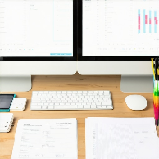 A tidy workspace with dual screens showing accounting data, highlighting efficient bookkeeping practices.