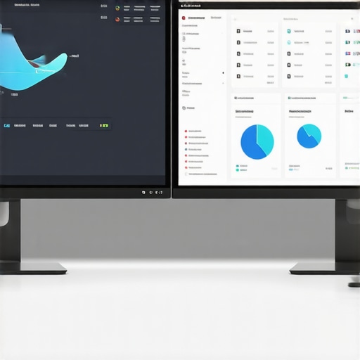 Modern desk setup with dual monitors showcasing financial dashboards and digital receipts, representing efficient bookkeeping and automation.