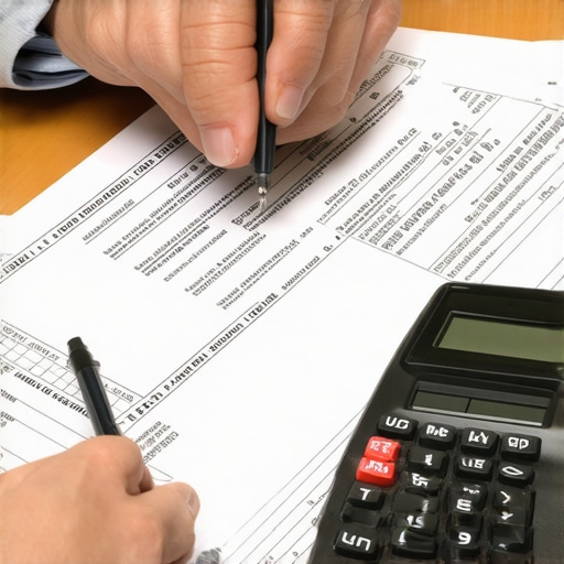 Accountant analyzing payroll documents and calculations at desk.