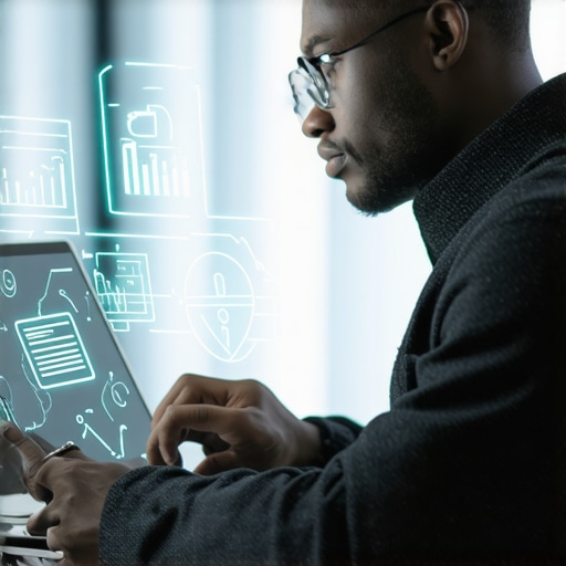 Business owner analyzing cybersecurity setup on a laptop