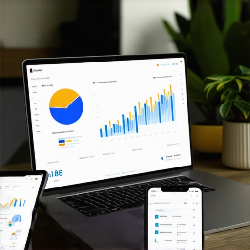 Streamlined Financial Management Tools Laptop with accounting software, financial charts, and smartphone showcasing automation in bookkeeping and payroll