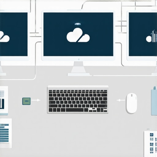 A workspace with monitors displaying accounting dashboards connected through cloud icons