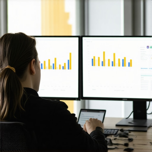 Accountant working with advanced software on dual monitors showing financial data